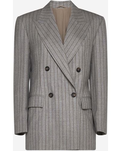 Brunello Cucinelli Pinstriped Wool Double-breasted Blazer - Grey