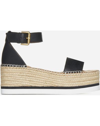 See By Chloé Glyn Leather Espadrille Mid Wedge Sandals - Black