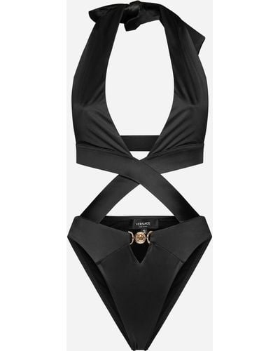 Versace Belize Embellished Cutout Stretch-jersey Halterneck Swimsuit - Black