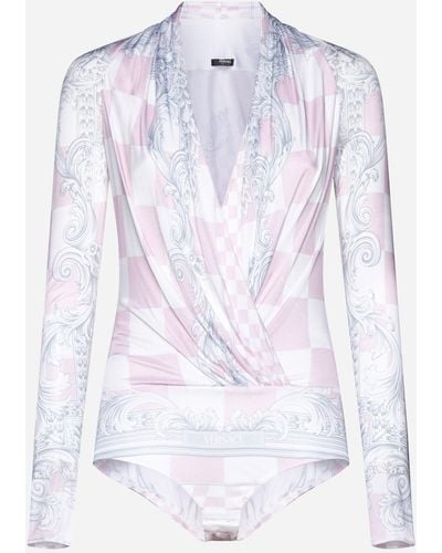 Versace Barocco Damier Print Viscose Bodysuit - White