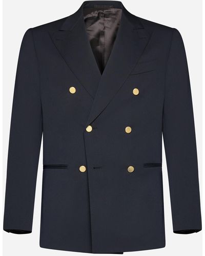 Caruso Double-breasted Wool-blend Blazer - Blue