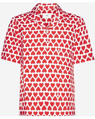 Ami Paris Heart-logo Print Cotton Shirt - Red