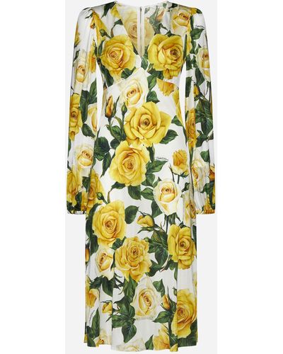 Dolce & Gabbana Print Silk Midi Dress - Yellow