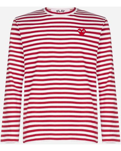 COMME DES GARÇONS PLAY Heart-logo Patch Striped Cotton T-shirt - Red