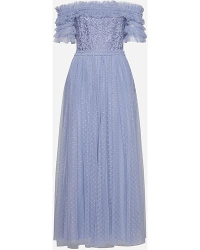Needle & Thread Midsummer Lace And Tulle Off-shoulder Ankle Gown - Blue
