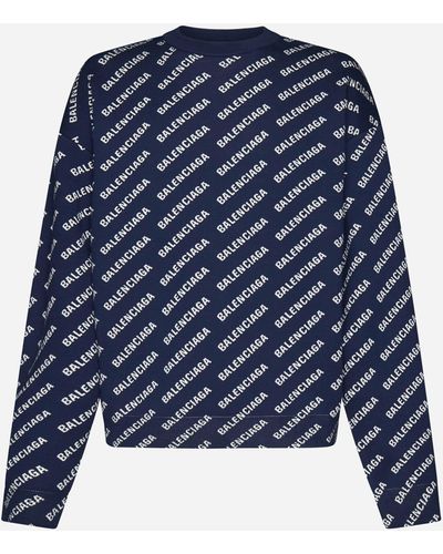 Balenciaga Allover Logo Cotton Crewneck Sweater - Blue