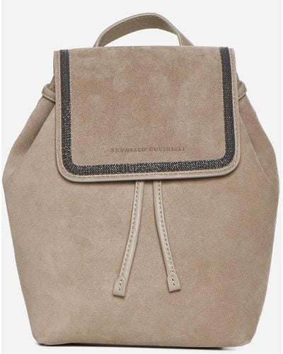Brunello Cucinelli Suede And Leather Backpack - Natural