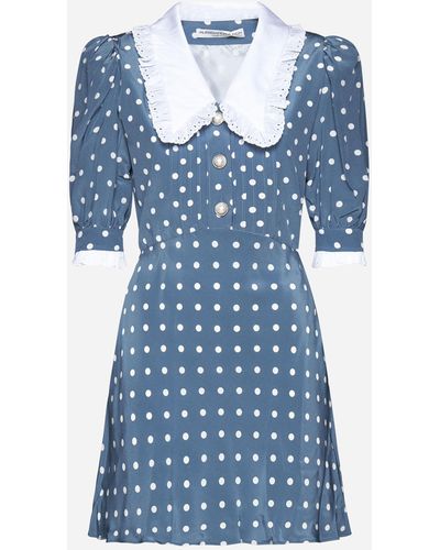 Alessandra Rich Polka-dot Patterned Puff-sleeve Regular-fit Silk Mini Dress - Blue