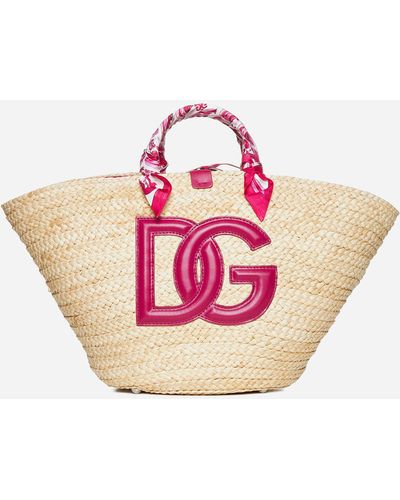 Dolce & Gabbana Kid's DG Logo Straw Tote Bag Fuchsia