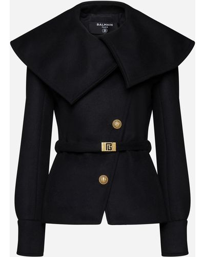 Balmain Belted Wool Short Coat - Black