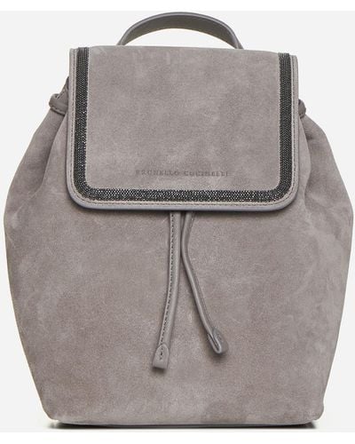 Brunello Cucinelli Suede And Leather Backpack - Gray