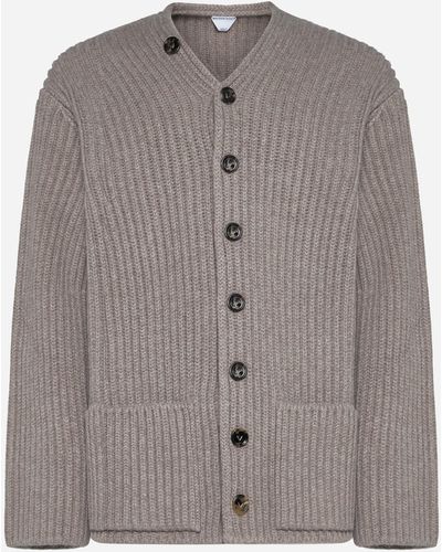 Bottega Veneta Ribbed Knit Wool Cardigan - Grey