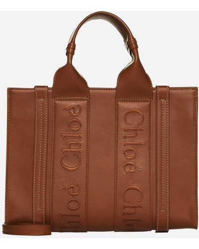 Chloé Woody Medium Leather Tote Bag - Brown