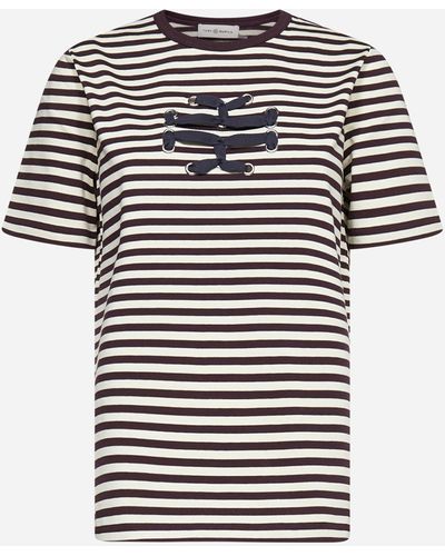 Tory Burch Logo Striped Cotton T-shirt - Multicolour