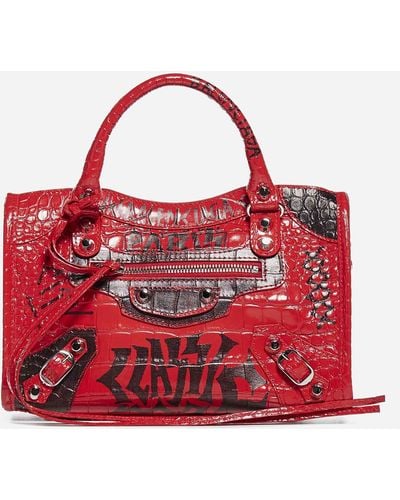 Balenciaga Mini City Graffiti Print Croco Leather Bag - Red