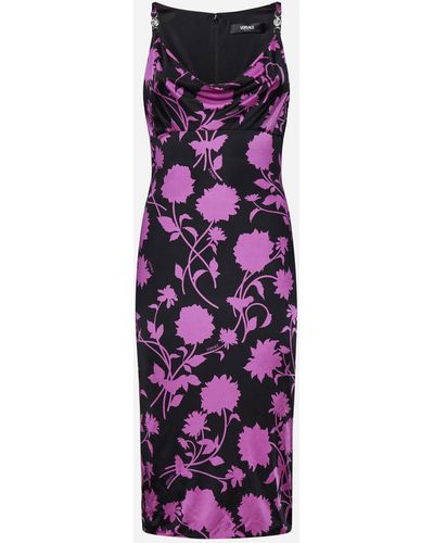 Versace Floral Print Viscose Midi Dress - Purple