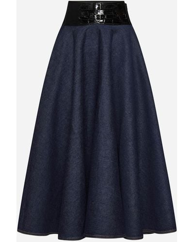 Alaïa Belted Denim Midi Skirt - Blue