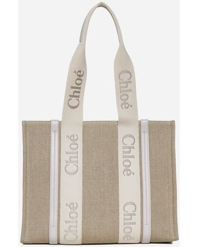 Chloé Woody Linen Medium Tote Bag - White