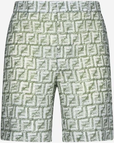 Fendi Ff Print Linen Shorts - Green