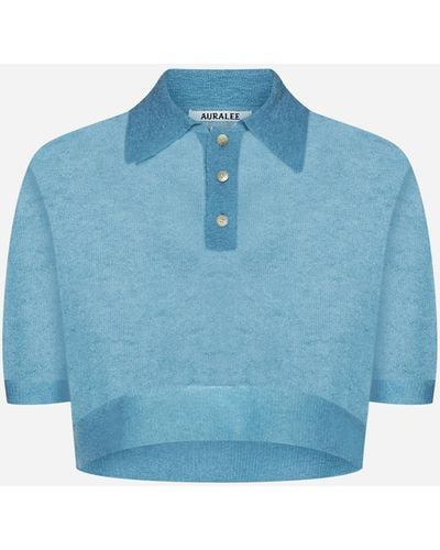 AURALEE Mohair-blend Cropped Polo Shirt - Blue