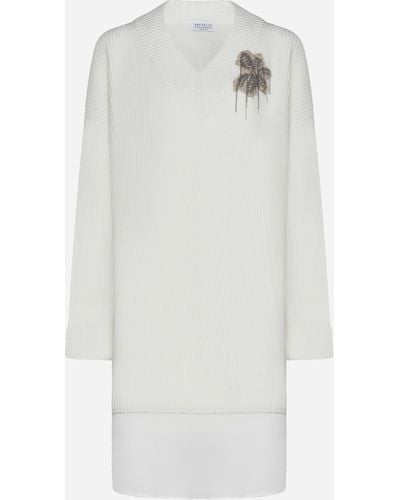 Brunello Cucinelli Embroidery Cashmere Dress - White