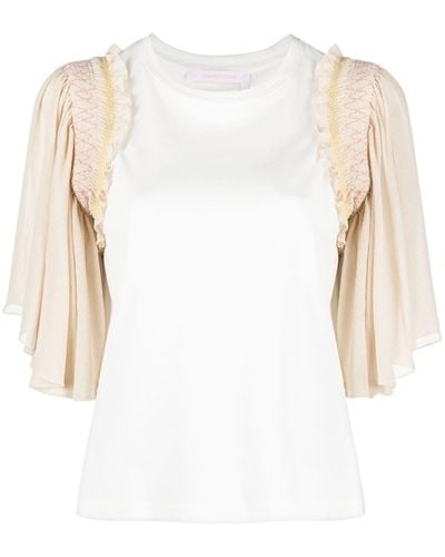 See By Chloé Ee By Chloé Smocked Flutter-sleeve T-shirt - White