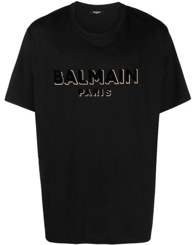 Balmain T-shirt e polo nere con girocollo a coste - Nero