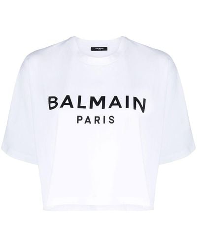 Balmain Logo Cropped Cotton T-Shirt - White