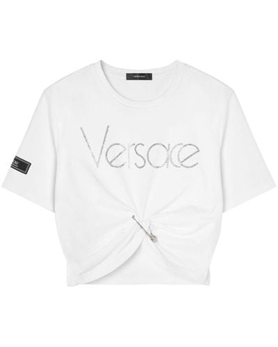 Versace Logo-Embellished Cropped Cotton T-Shirt - White