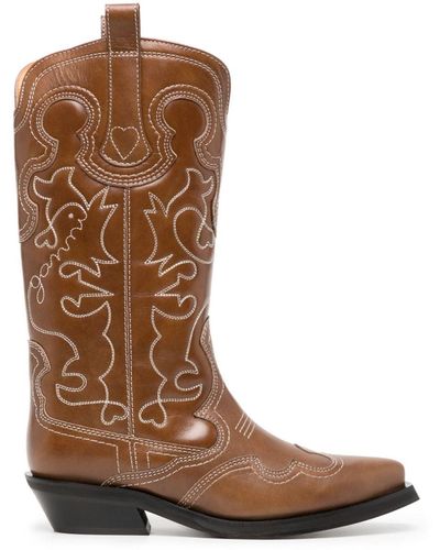 Ganni Leather Texan Boots - Brown