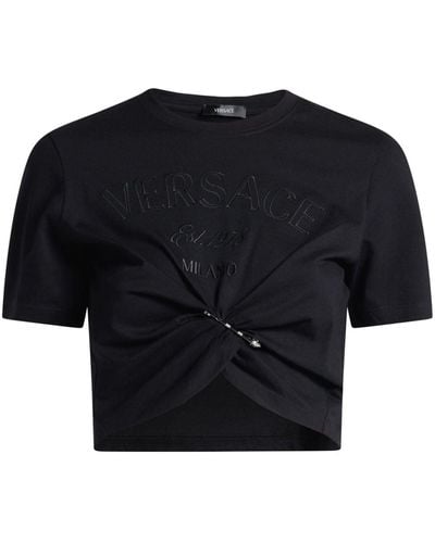 Versace Cotton Crop Top With Logo - Black