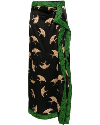 Dries Van Noten Bird-print Draped Satin Skirt - Women's - Viscose/silk - Green