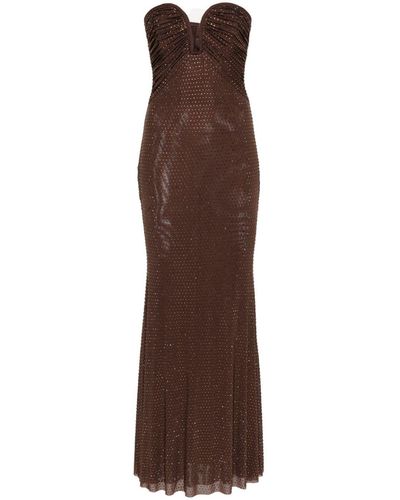 Self-Portrait Mesh Dress With Crystals - Brown