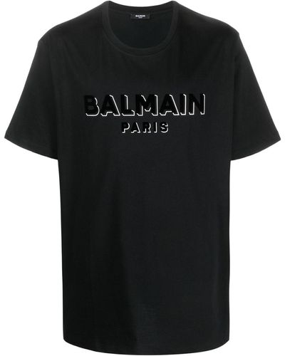 Balmain T-shirt e polo nere con girocollo a coste - Nero