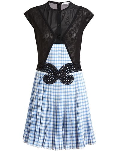 Carven Pleated Gingham and Mesh Dress - Blue