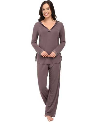 Midnight By Carole Hochman A Touch Of Silver Lace Inset Pajama Set - Brown