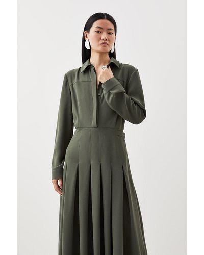 Karen Millen Petite Tailored Crepe Pleated Shirt Dress - Green