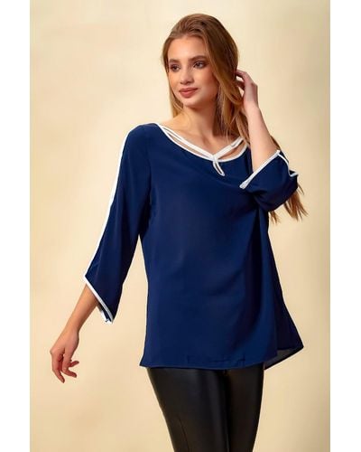Hoxton Gal Relaxed Fit Detailed Blouse With 3/4 Sleeves - Blue
