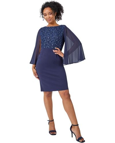 Roman Petite Lace Chiffon Cape Sleeve Dress - Blue