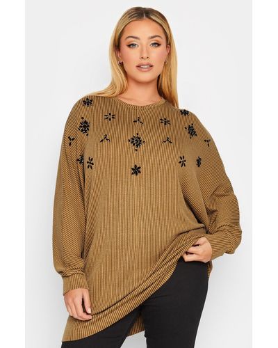 Yours Embellished Ribbed Top - Natural