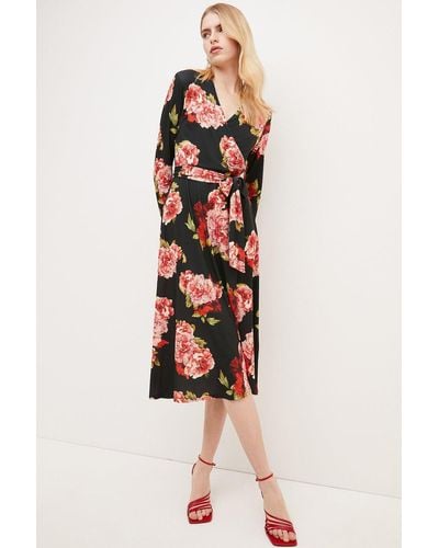 Karen Millen Floral Print Belted Jersey Wrap Midi Dress - Black
