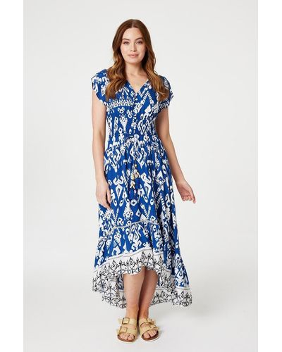 Izabel London Ikat Print High Low Maxi Dress - Blue