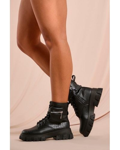 MissPap Croc Pocket Detail Lace Up Chunky Ankle Boot - Black