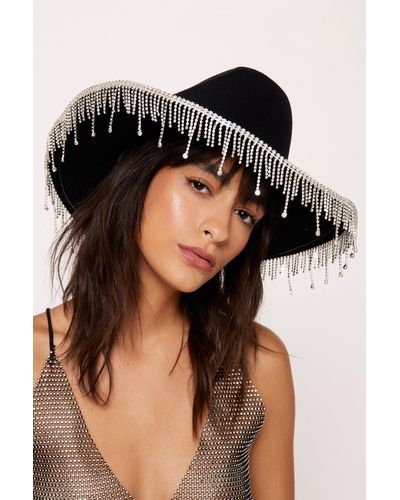 Nasty Gal Diamate Double Fringe Embellished Cowboy Hat - Black