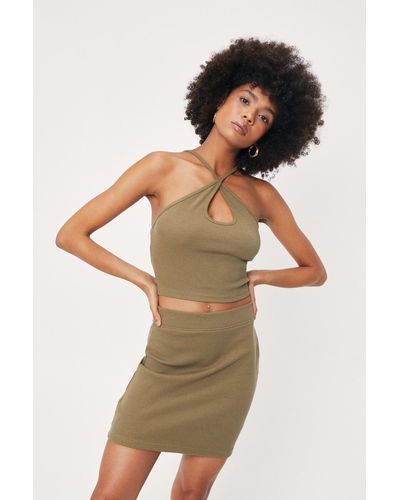 Nasty Gal Ribbed Halterneck Crop Top And Mini Skirt Set - Natural