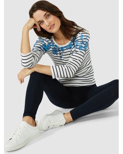 MAINE Trailing Floral Yoke Striped Scoop Neck Top - Blue