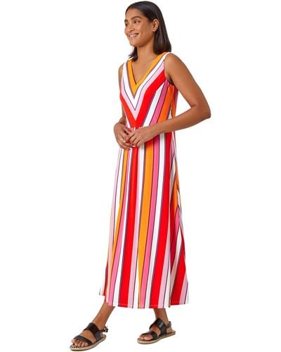 Roman Sleeveless Stripe Print Midi Stretch Dress - Red