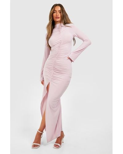 Boohoo Slinky Ruched Long Sleeve Maxi Dress - Pink