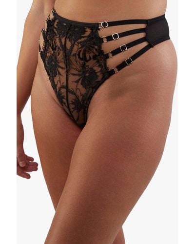 Playful Promises Vivian Black Embroidery High Waisted Thong - Brown