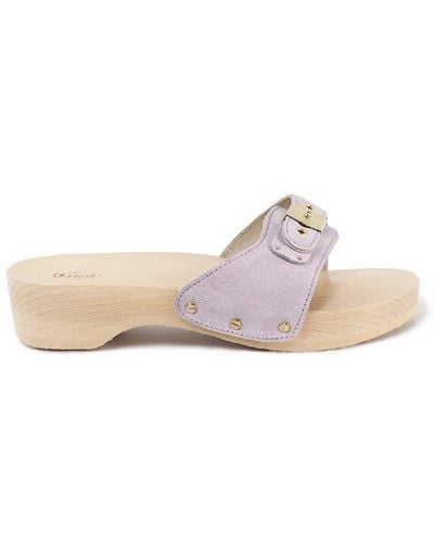 Scholl 'pescura Heel' Lilac Suede & Wooden Low Heeled Sandal - Pink